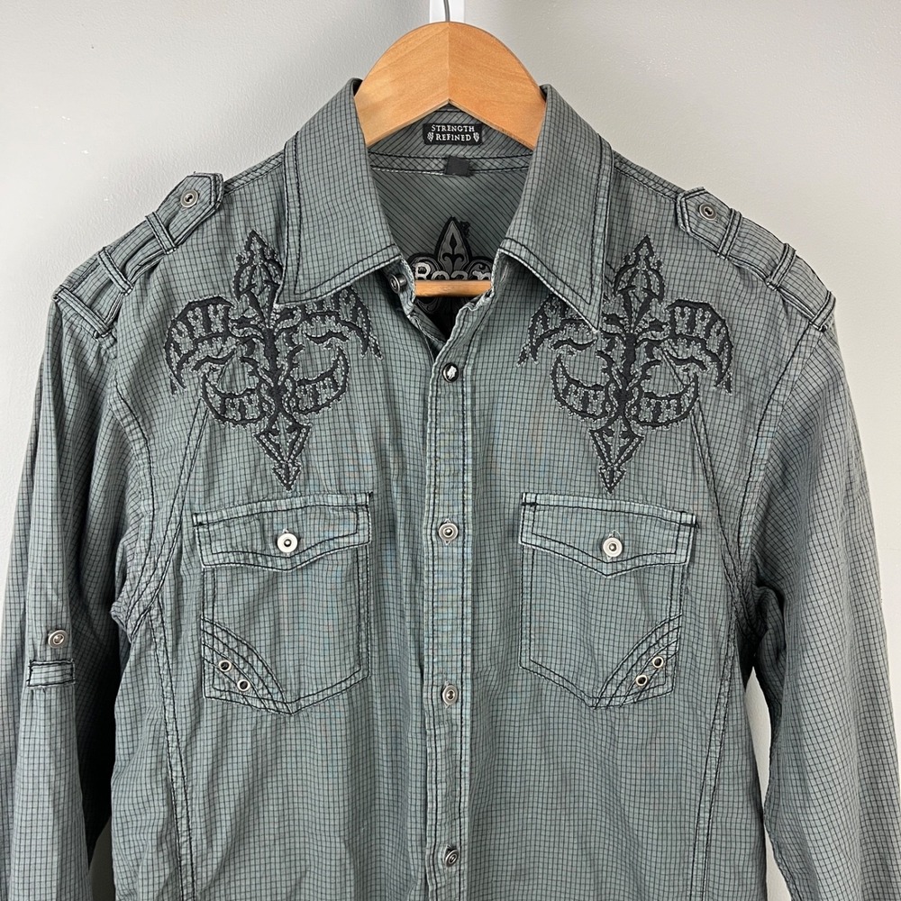 Vintage Y2K‎ Roar Shirt Mens Medium Gray Embroidered Button Up Long Sleeve